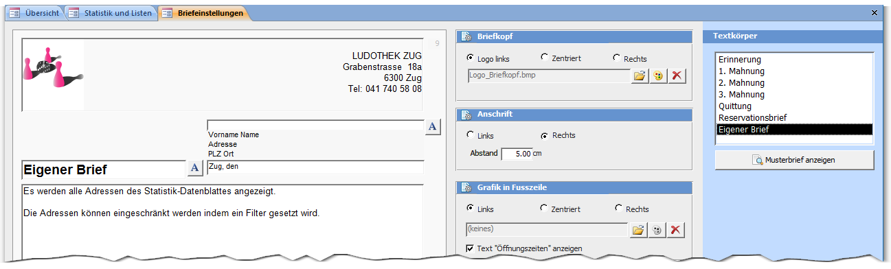 Einstellungen EigenerBrief