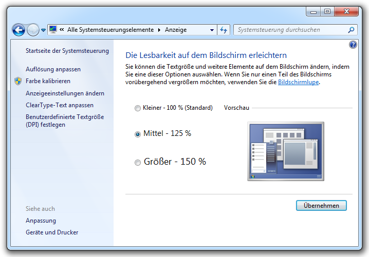 win7 anzeigetext